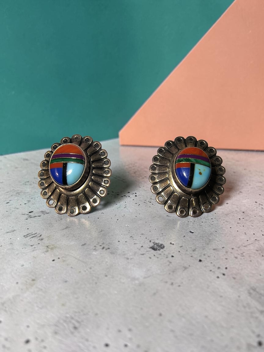 Vintage Quoc Trading QT Sterling Silver Inlay Oval Stud Southwestern Earrings